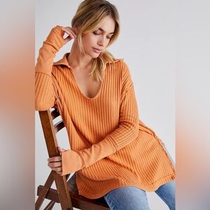 Free People We The Free Raymond Waffle Polo Pullover Thermal Oversized Large